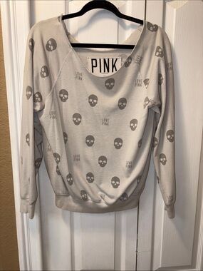 PINK Victoria's Secret Light Gray Skull Print Scoop Neck Sweater